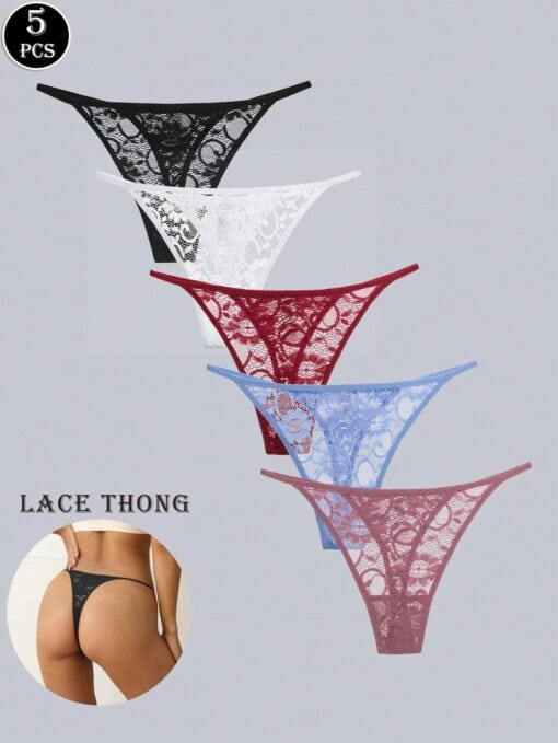 SHEIN 5 Packs Women Sexy Lace Thongs, Low RiseT-Back Comfortable Breathable Underwear