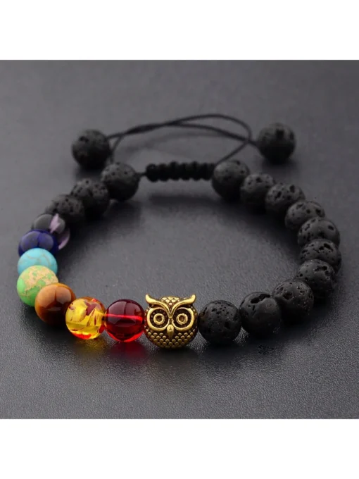 SHEIN 7 Chakra Men Women Adjustable Bracelet Owl Bedas Natural Volcanic Lava Stone Bracelet Jewelry