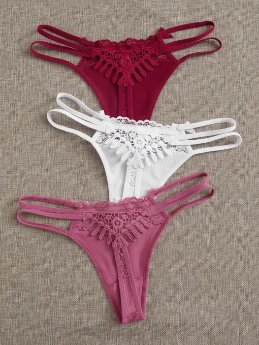 SHEIN Ribbed Bow Accent Thong Panty Set - 3 Packs Lingerie