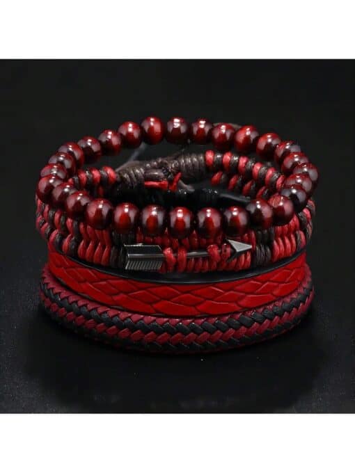 SHEIN Vintage Style Red Cupid's Arrow Leather Bracelet Set