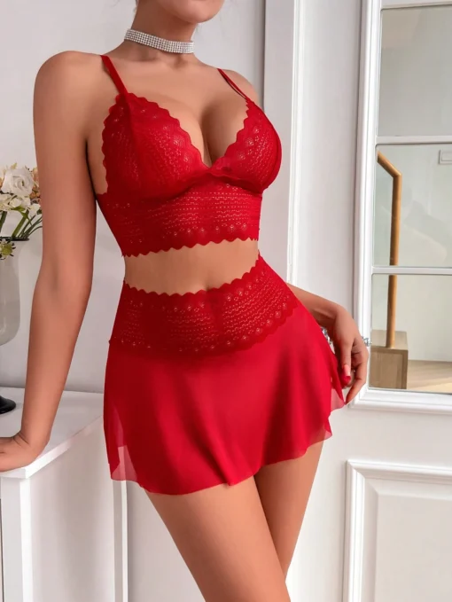 SHEIN Women's 2pcs/Set Red Lace Wireless Bra & Skirt Sexy Lingerie Set