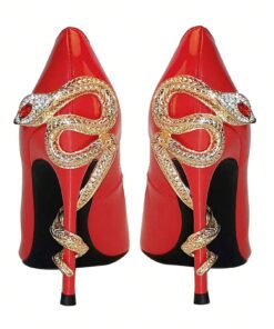 SHEIN 1 Pair Gold Metal High Heel Shoes With Red Eye Crystal Snake Shaped Heel
