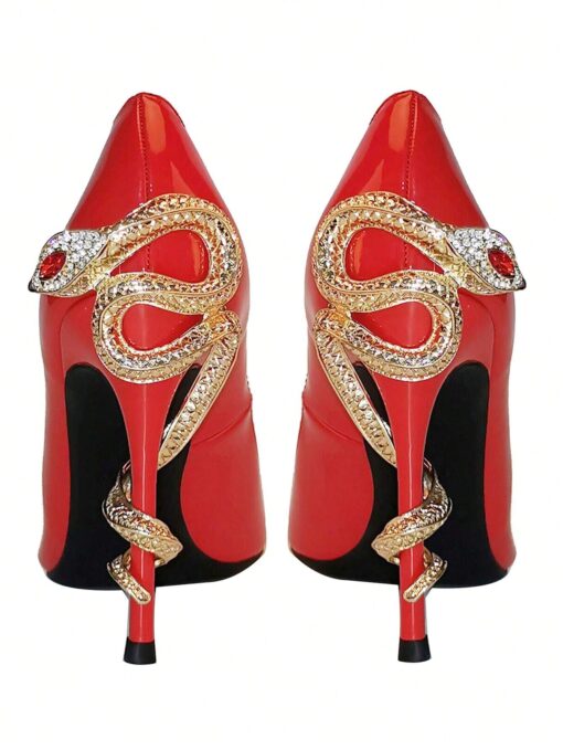 SHEIN 1 Pair Gold Metal High Heel Shoes With Red Eye Crystal Snake Shaped Heel