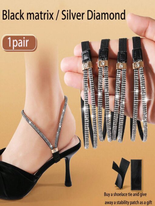 SHEIN 1 Pair High Heel Shoe Laces Straps, Anti-Slip Elastic No Tie Shoelaces For Heels And Sandals(Black Background With White Diamonds)