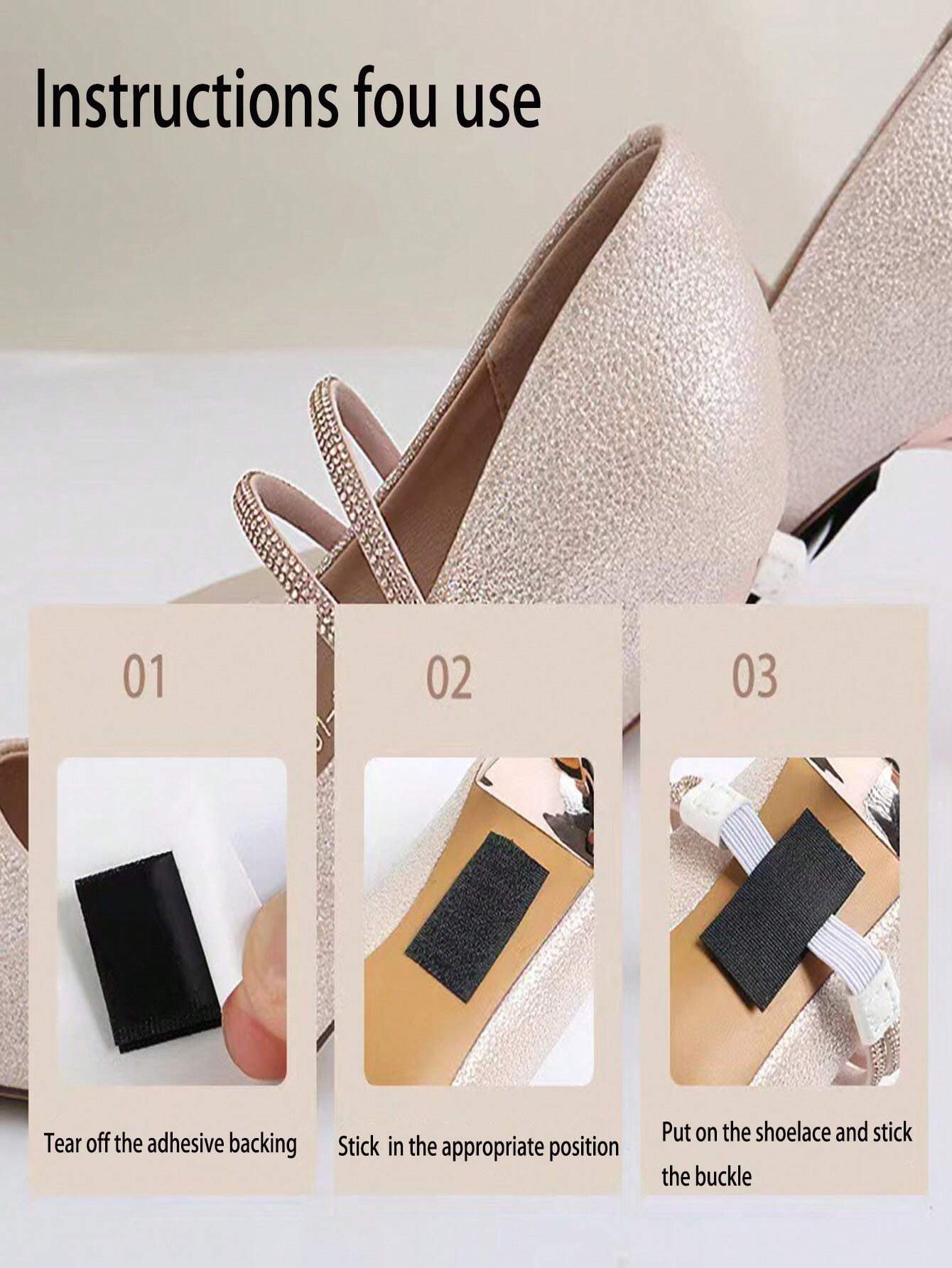 SHEIN 1 Pair High Heel Shoe Laces Straps, Anti-Slip Elastic No Tie Shoelaces For Heels And Sandals(Black Background With White Diamonds) - الصورة 3