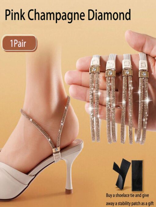 SHEIN 1 Pair High Heel Shoe Laces Straps, Anti-Slip Elastic No Tie Shoelaces For Heels And Sandals(Apricot Champagne Diamond)