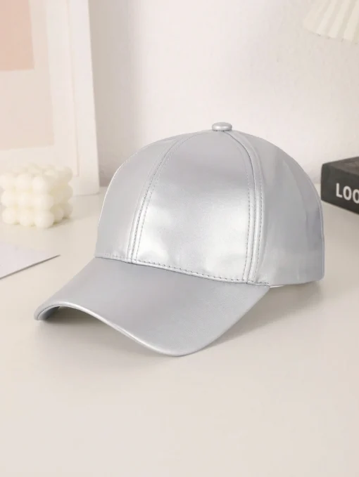 SHEIN 1pc Men's Shiny Silver PU Leather Adjustable Casual Baseball Cap