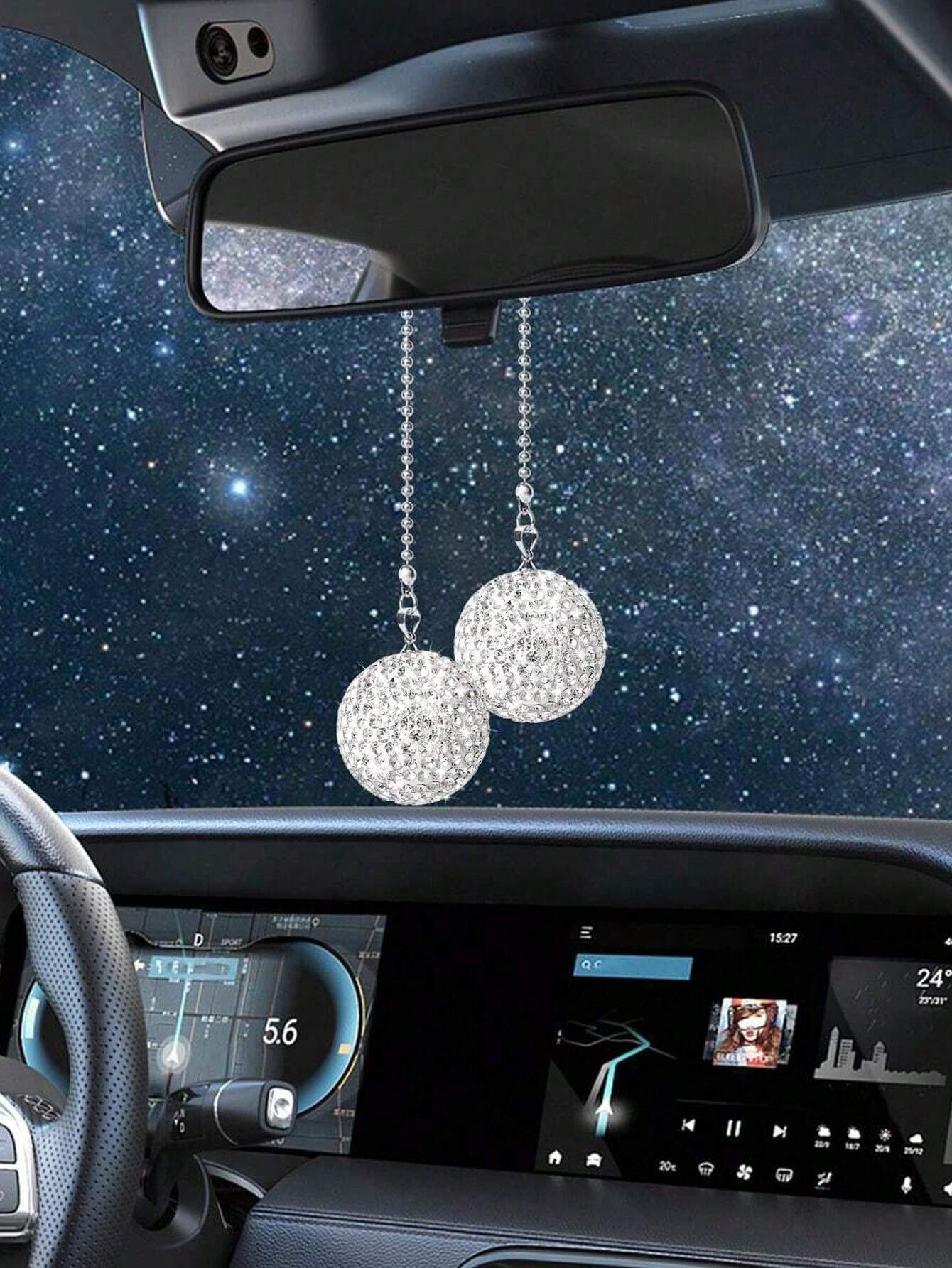 SHEIN 1pc White Crystal Ball Car Rearview Mirror Hanging Ornament - الصورة 3