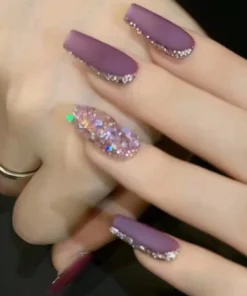 SHEIN 24pcs Set Long Coffin Shape Frosted Texture Grape Purple Nail Art Tips