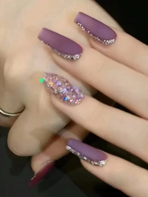 SHEIN 24pcs Set Long Coffin Shape Frosted Texture Grape Purple Nail Art Tips