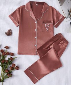 SHEIN 2pcs Heart Embroidered Faux Silk Short Sleeve Pajama Set