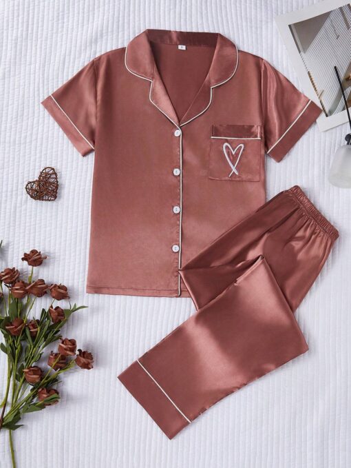 SHEIN 2pcs Heart Embroidered Faux Silk Short Sleeve Pajama Set