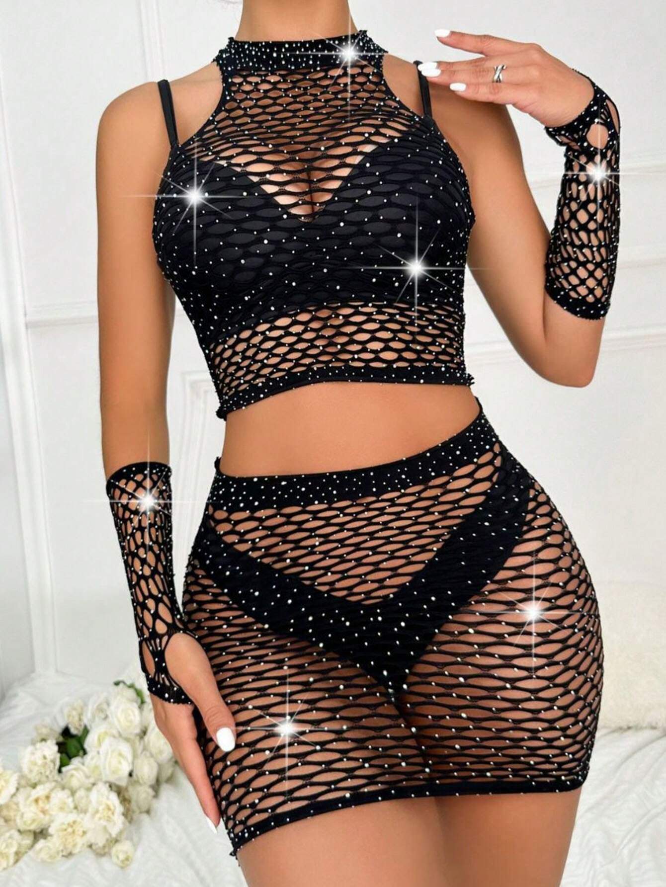 SHEIN 4pcs/Set Rhinestone Studded Sexy One-Piece Fishnet Bodysuit, Perfect