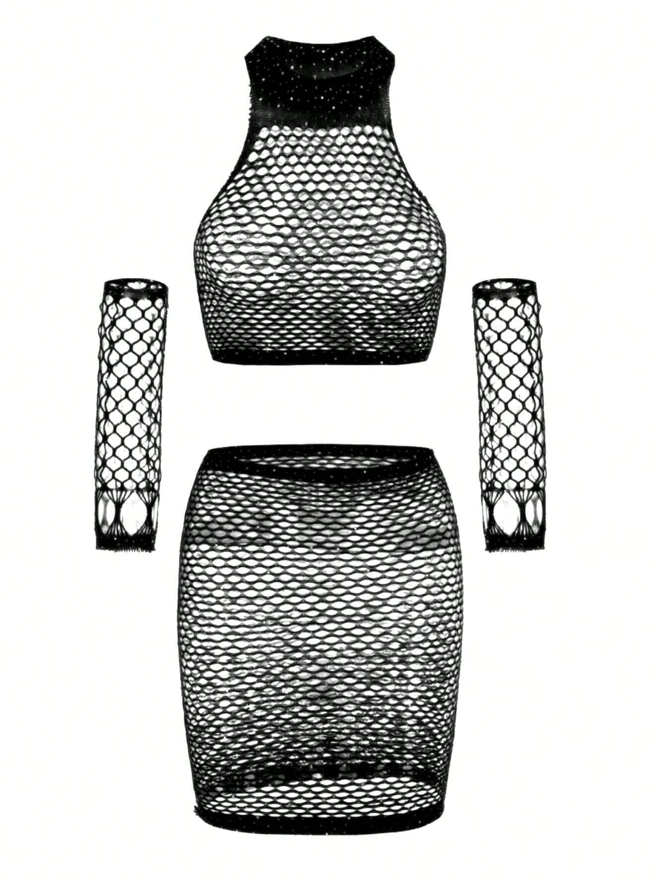 SHEIN 4pcs/Set Rhinestone Studded Sexy One-Piece Fishnet Bodysuit, Perfect - الصورة 6