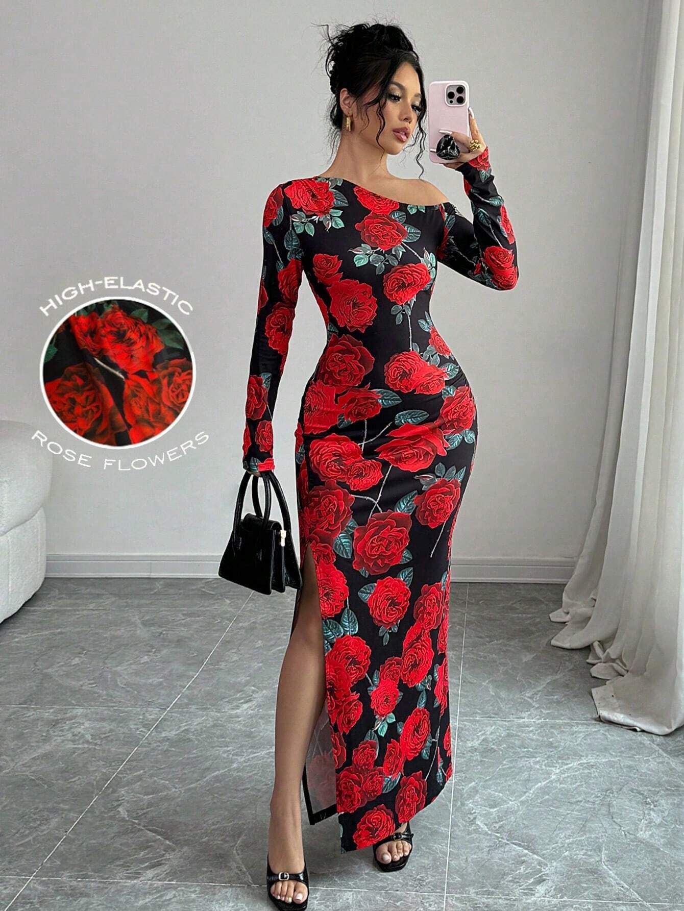 SHEIN Elenzga 1pc Women's Oblique Collar High Slit Floral Print Wrap Waist Design Dress Maxi Women Outfit