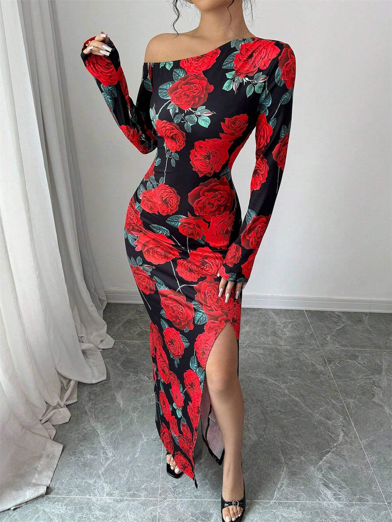 SHEIN Elenzga 1pc Women's Oblique Collar High Slit Floral Print Wrap Waist Design Dress Maxi Women Outfit - الصورة 4