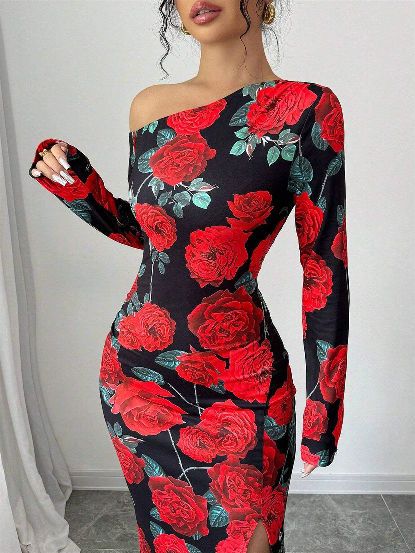 SHEIN Elenzga 1pc Women's Oblique Collar High Slit Floral Print Wrap Waist Design Dress Maxi Women Outfit - الصورة 5