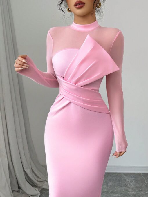 SHEIN Elenzga Pink Elegant Quality Mesh Panel Long Sleeve Midi Dress