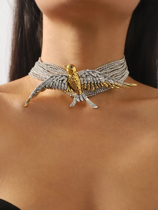 SHEIN European Fashion Exaggerated, Multi-Layered, Full Diamond Encrusted Flying Bird & Swallow Necklace