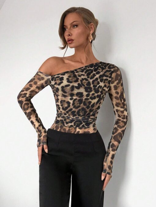 SHEIN Roylia Women's Fashion Leopard Print Mesh Long Sleeve Open Shoulder Bodysuit