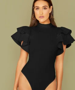 SHEIN Privé Mock-Neck Layered Exaggerate Butterfly Sleeve Fitted Black Bodysuit