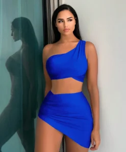 SHEIN Swim Summer Beach Plain One Shoulder Bikini Set With Beach Skirt