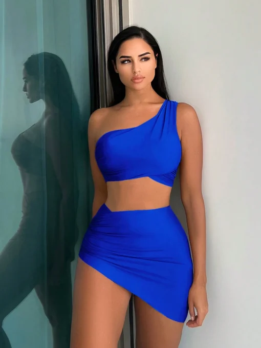 SHEIN Swim Summer Beach Plain One Shoulder Bikini Set With Beach Skirt