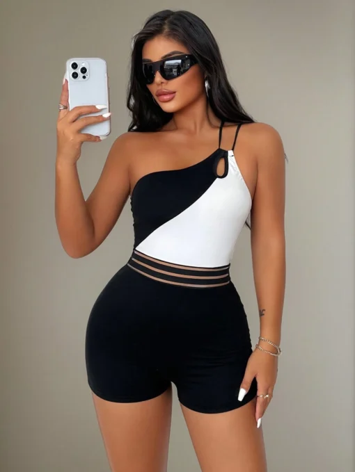SHEIN VaVaLuxe Women's Summer Color Block Asymmetrical Neck Hollow Out Slim Fit Romper Unitard