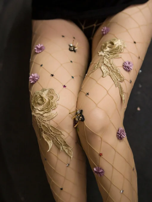 SHIN Sexy Floral Bee Fishnet Stockings, Handmade Breathable Mesh Pantyhose, Stylish Tights