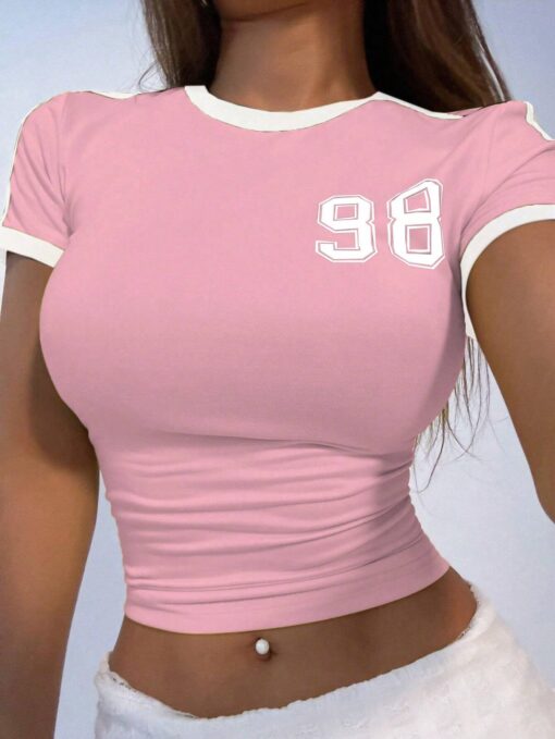 SHEIN StreetHx Color Blocking Numeric & Letter Design Slim Fit Short Sleeve T-Shirt Graphic Tees Women Tops