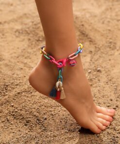 1pc Colorful Tassel & Flower Design Chain Anklet With Clasp For Women, Suitable For Beach And Daily Wear Valentines