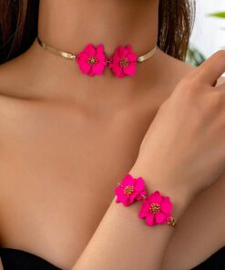 SHEIN 2pcs/Set Magenta Flower Bracelet & Necklace Jewelry Set, Elegant Style For Office & Daily, Versatile