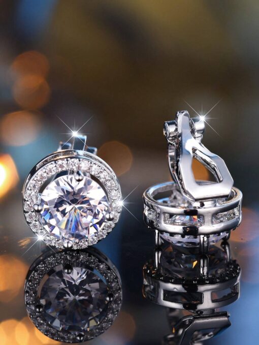 SHEIN 1PC Luxury Female White Crystal Earrings Charm Silver Color Round Clip Earrings(Silver)