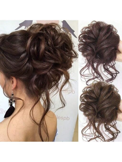 SHEIN 1pc Dark Brown Messy Bun Hair Piece Curly Hair Bun Scrunchie Tousled Updo Hair Extension