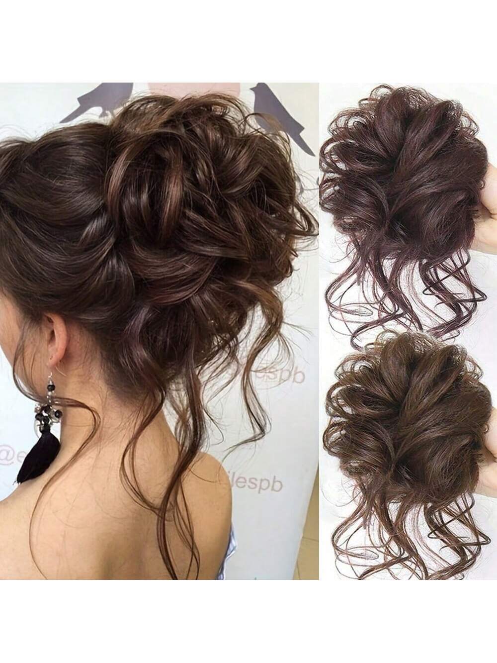 SHEIN 1pc Dark Brown Messy Bun Hair Piece Curly Hair Bun Scrunchie Tousled Updo Hair Extension