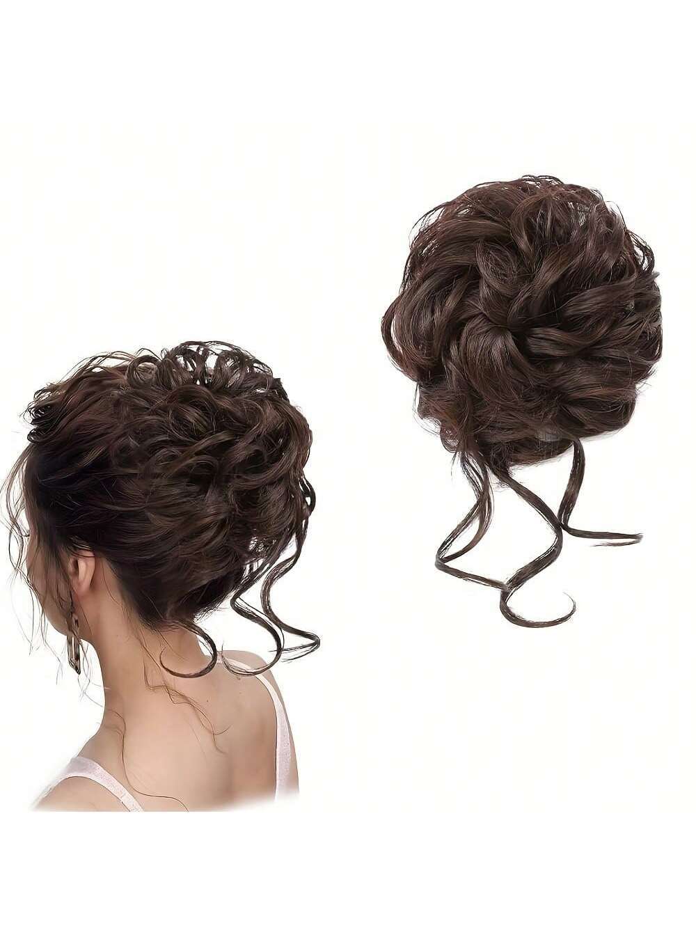 SHEIN 1pc Dark Brown Messy Bun Hair Piece Curly Hair Bun Scrunchie Tousled Updo Hair Extension - الصورة 3