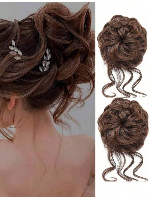SHEIN 1pc Light Brown Messy Bun Hair Piece Curly Hair Bun Scrunchie Tousled Updo Hair Extension