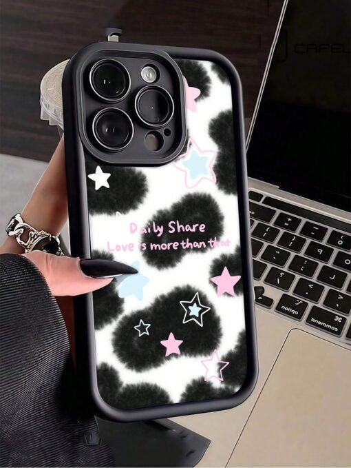 SHEIN Animal Cow Pattern 1pc Black English Star & Cow Print Pattern Full Cover TPU Shockproof Phone Case
