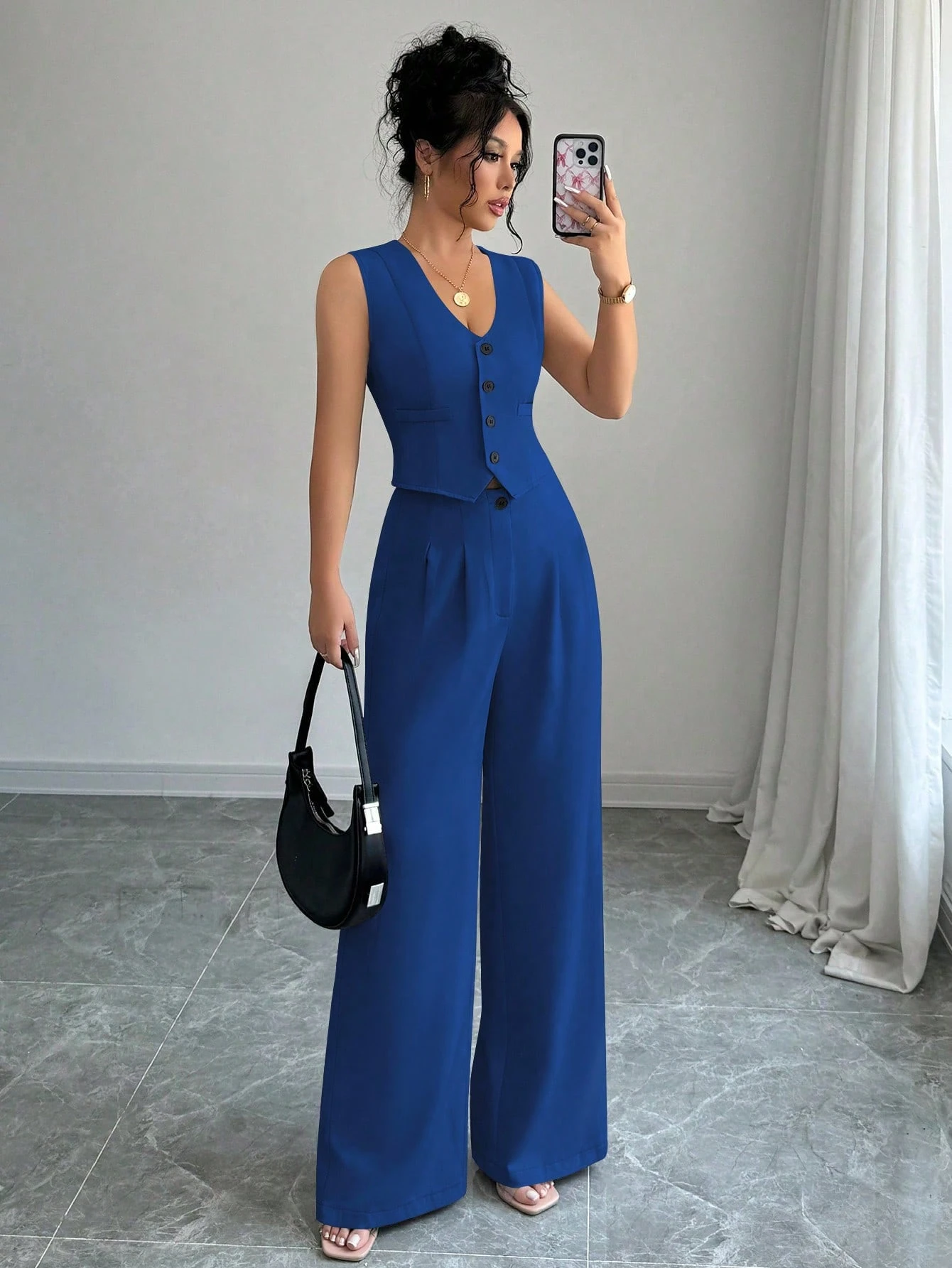 SHEIN Elenzga Elegant Commuting Solid Color Vest & Wide Leg Pants Suit