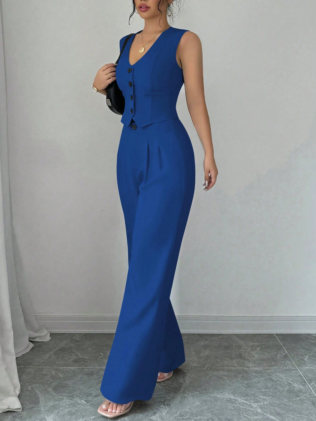 SHEIN Elenzga Elegant Commuting Solid Color Vest & Wide Leg Pants Suit - الصورة 3