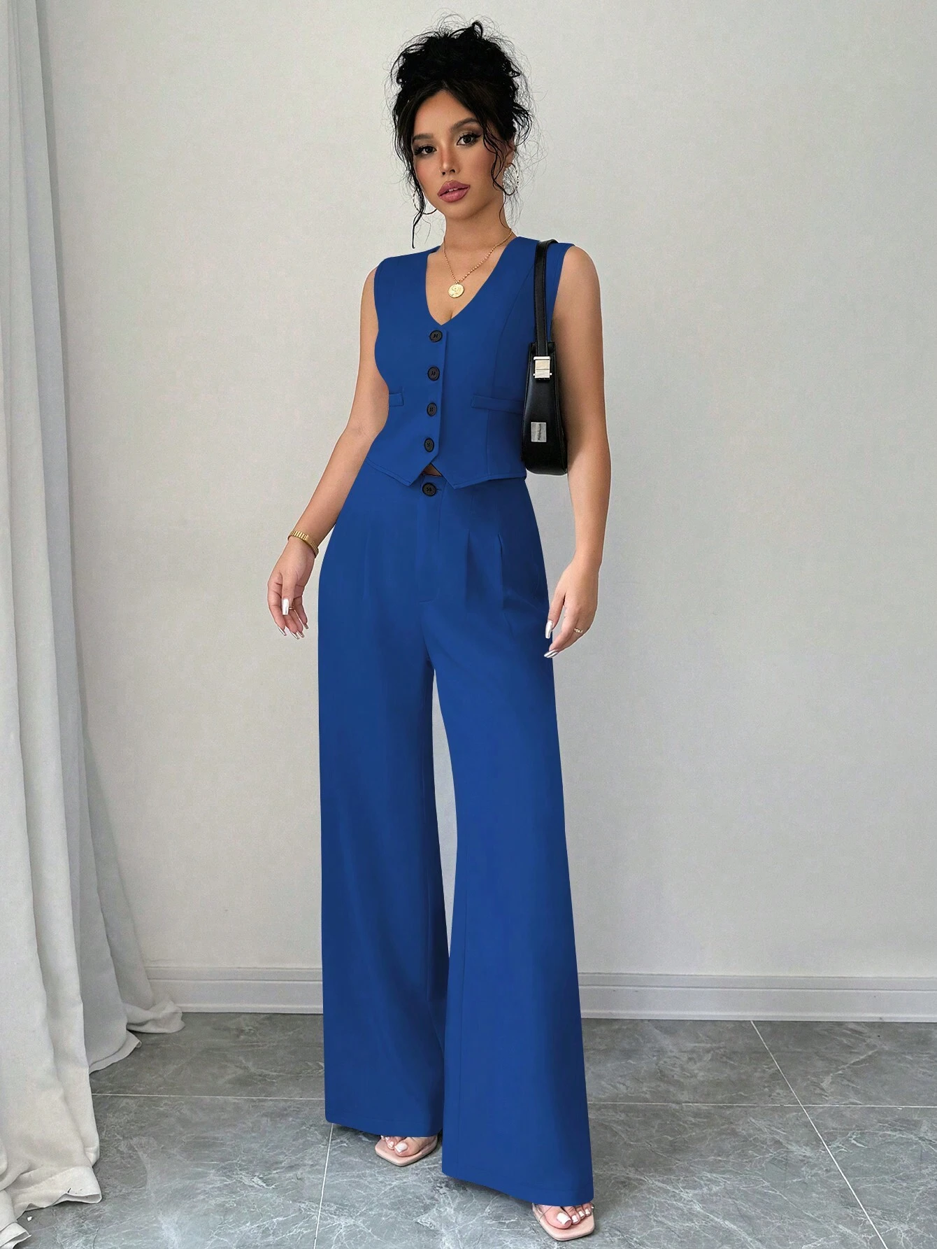 SHEIN Elenzga Elegant Commuting Solid Color Vest & Wide Leg Pants Suit - الصورة 5