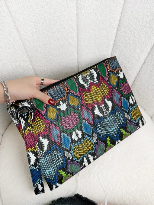 SHEIN Fashionable Color Block Snake Print Large Capacity Zipper Wrist Bag