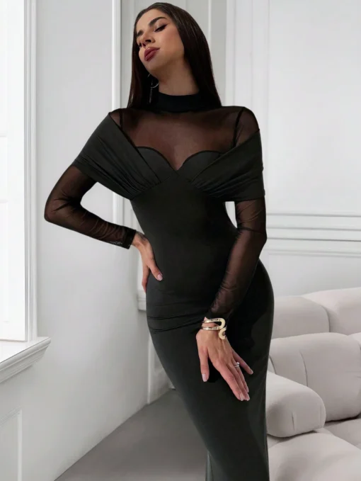 SHEIN Firerie Women's Elegant Delicate Romantic Sexy  Prom Party Off-Shoulder Mesh See-Through Patchwork Strapless Mermaid Maxi Tight Dress