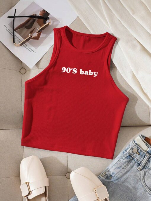 SHEIN INAWLY Letter Print Slim Fit Round Neck Tank Top Graphic Tees Women Tops