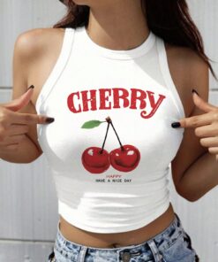 SHEIN EZwear Casual Cherry Pattern White Slim Fit Women's Tank Top, Summer Style