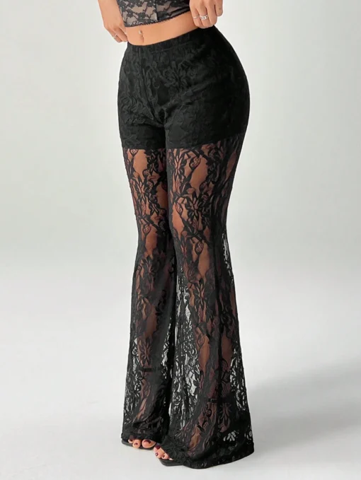 SHEIN PETITE Women's High Waist Flare Lace Knit Vacation Pants