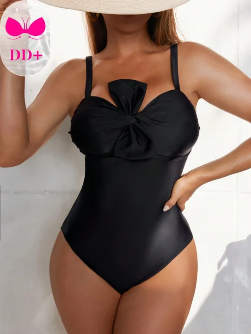 SHEIN Swim DD+ Women's One-Piece Sexy Casual Bowknot Design Adjustable Strap Soft Cup Wireless Swimsuit