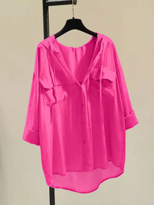 SHEIN INAWLY Flap Pocket Drop Shoulder Drawstring Hooded Blouse Women Shirt,Long Sleeve Tops
