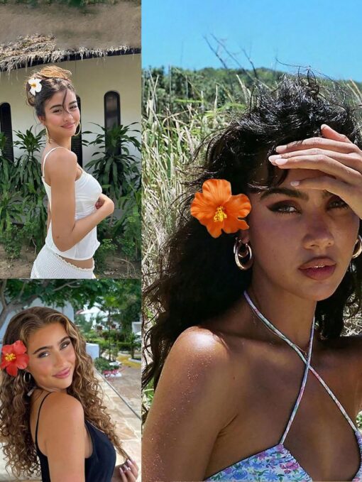 SHEIN 1Pcs Hawaiian Flower Hair Clips, Women Artificial Flower Hair Clips (Orange)