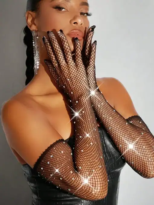 SHEIN 1 Pair Shiny Crystal Fishnet Gloves, Boho Retro Style Long Gloves, Party Nightclub Performance Decor Gloves